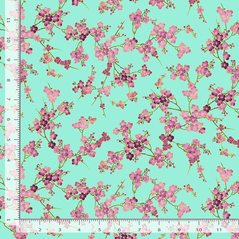 Timeless Treasures Shizuka by Chong-a Hwang Cherry Blossom Branches FLEUR-CM3165  AQUA