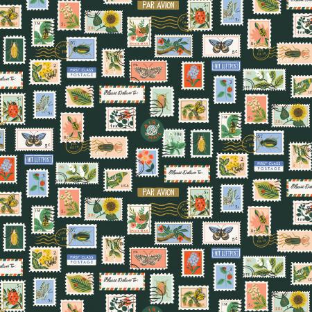 RP1104-HU2M Curio - Botanical Postage Stamps - Hunter Metallic Fabric