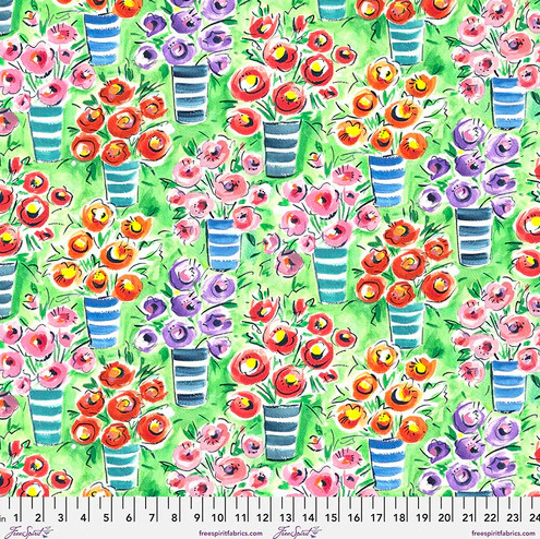 Free Spirit Flowerfields by Sarah Campbell Ranunculus Green - PWSH016.GREEN - Sewjersey.com